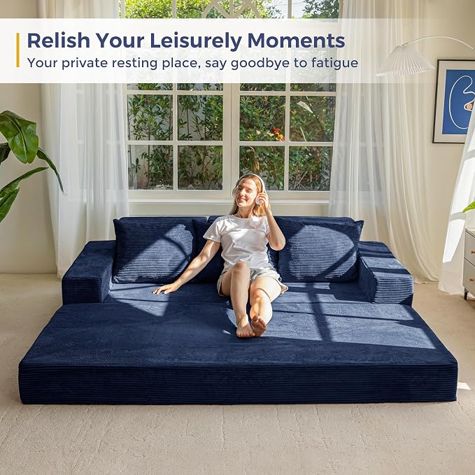 MAXYOYO Convertible Sofa Bed, 80" Oversized Boneless Loveseat Couch 4 in 1 Foldable Floor Sofa Couch in A Box with 2 Cup Holders, Folding Chair for Living Room, No Assembly Required, Navy