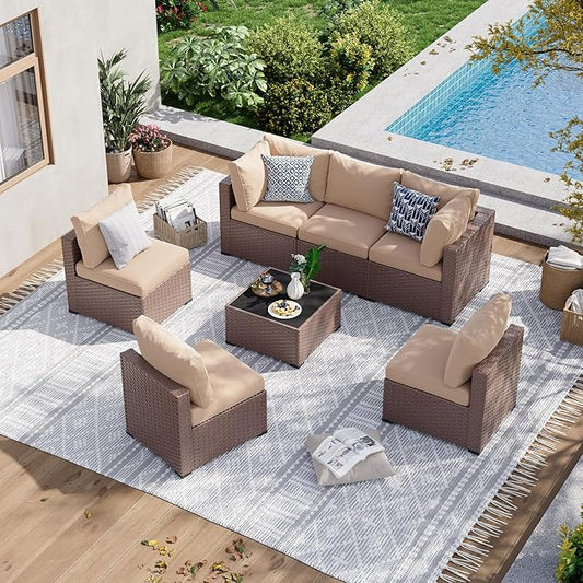 Aoxun 7 Piece Patio Furniture Set, Wicker Patio Sectional Sofa, Outdoor Furniture Set with Thickened Cushion, Brown