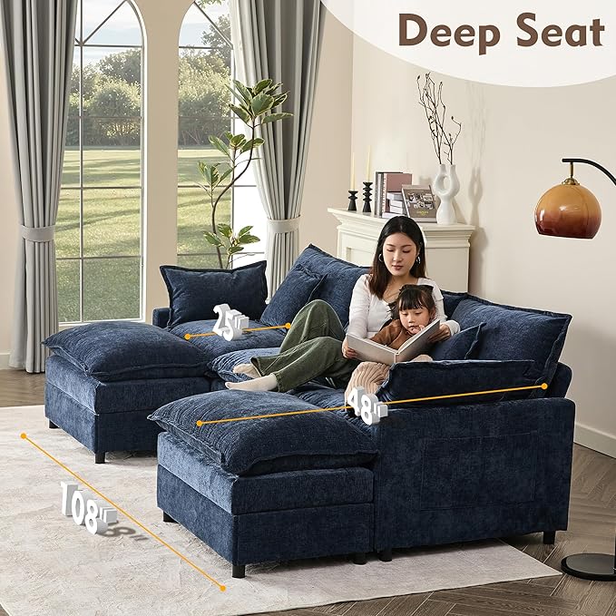 GOSUHI 108" U-Shaped Modular Cloud Couch, Deep Seat, Chenille Navy | Cloud Comfort, Couches for Living Room, Removable & Machine-Washable Covers, Movable Ottoman, Modular Sectional Sofa