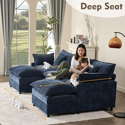 GOSUHI 108" U-Shaped Modular Cloud Couch, Deep Seat, Chenille Navy | Cloud Comfort, Couches for Living Room, Removable & Machine-Washable Covers, Movable Ottoman, Modular Sectional Sofa