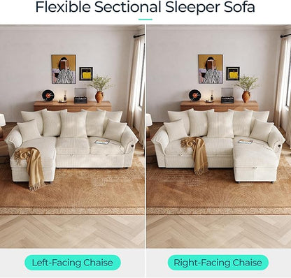 LINSY HOME 90.5'' Sectional Sleeper Sofa with Pull Out Couch Bed Modular (Beige, 90.5'') | USB Charging
