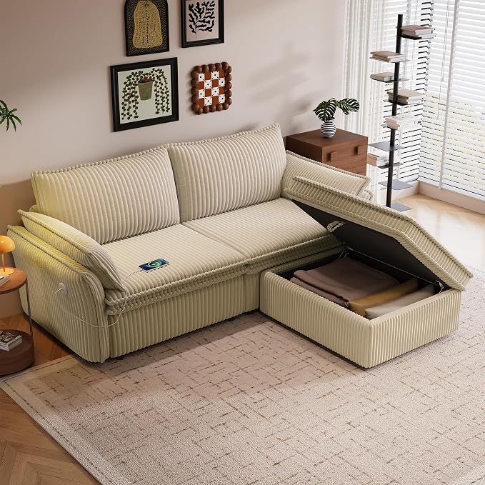 85'' Sofa Bed Full Size, Tool-Free Assembly, 3 in 1 Convertable Sleeper Sofa, Corduroy Couches with Pull Out Bed, USB & Storage, Modern Loveseat for Small Space, Living Room, Corduroy Camel