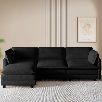 ROWHY 112'' Modular Sectional Cloud Couch with Movable Ottoman, 4 Seat Modern Chenille Sofa with 2 Throw Pillows, Deep Seat L Shaped Couch for Living Room Bedroom Apartment, Black | Arrange Freedom