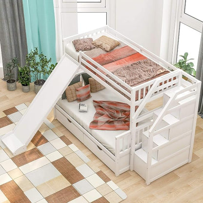 Solid Wood Twin Over Full Bunk Bed with Slide, Drawers, 4 Stair, Three Storage Grids and Full Length Guardrail, Multifunction play house Bunk Bed for Kids/Adults, No Box Spring Needed (White+ss)