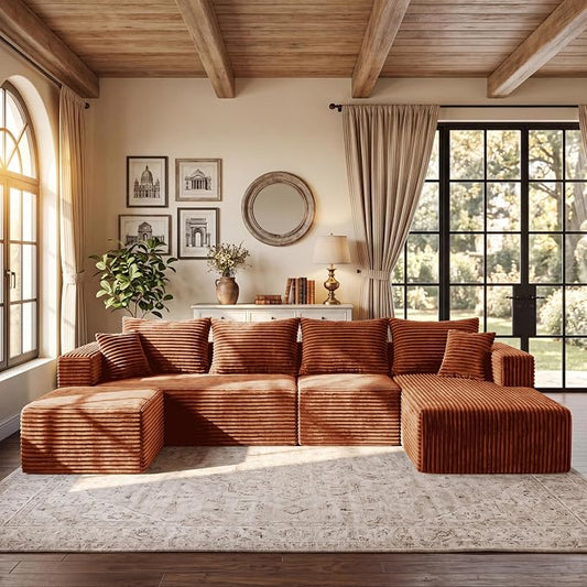 Modular Sectional Sofa, Boneless Compressed Sofa in a Box, U-Shaped Cloud Couch with Deep Seats & Chaise for Living Room, No Assembly Required (Orange, 118" U-Shape with Right Facing Chiase)