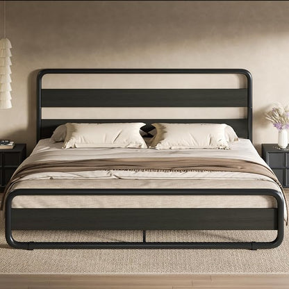 SHA CERLIN Queen Size Metal Bed Frame with Wooden Headboard and Footboard, Heavy Duty Oval-Shaped Platform Bed with Under-Bed Storage, Noise Free, No Box Spring Needed, Black