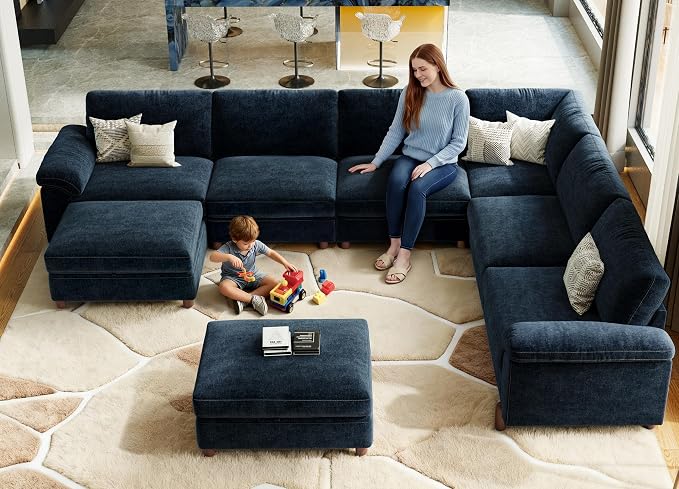 SITJOY Large Cloud Couch, 138" Wide 6 Seater V Shape, Chenille in Navy Blue | Detachable and Washable Chenille Cover Sectional Sofas for Living Room, Deep Seat Wide Couch with Chaise, Storage Ottoman