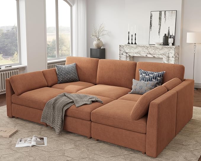 Oversized Modular Sectional Sleeper Sofa Bed Cloud Couches Brown | Deep Seat Couch for Living Room, 6-Seater Luxury Comfortable Sofa with Ottoman, Solid Wood Frame, Removable Washable Cover