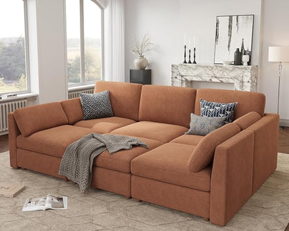 Oversized Modular Sectional Sleeper Sofa Bed Cloud Couches Brown | Deep Seat Couch for Living Room, 6-Seater Luxury Comfortable Sofa with Ottoman, Solid Wood Frame, Removable Washable Cover