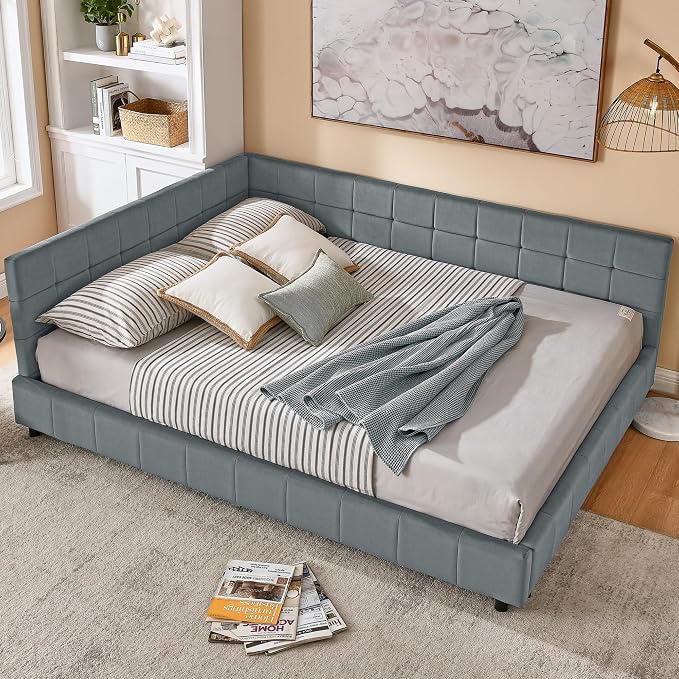 Bellemave Queen Size Corner Bed Frame with Comfortable Backrest and Armrests, Velvet Tufted Corner Bed Frame Queen Size, Upholstered Daybed for Bedroom, Living Room, Guest Room, Gary