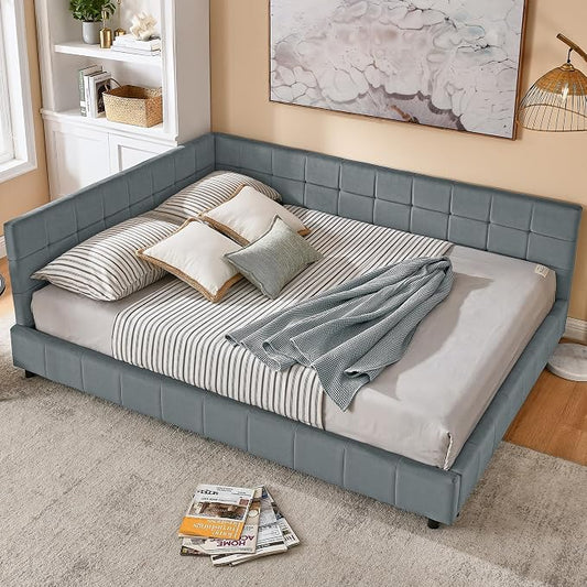 Bellemave Queen Size Corner Bed Frame with Comfortable Backrest and Armrests, Velvet Tufted Corner Bed Frame Queen Size, Upholstered Daybed for Bedroom, Living Room, Guest Room, Gary
