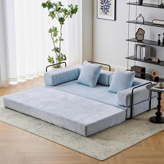 ZEIINPA Convertible Floor Sofa Bed with Fixed-Shape Frame, Modular Chenille Folding Mattress Couch with Armrest, Floor Sofa Lounge Couch for Living Room Bedroom Lounge Studio,Sky Blue