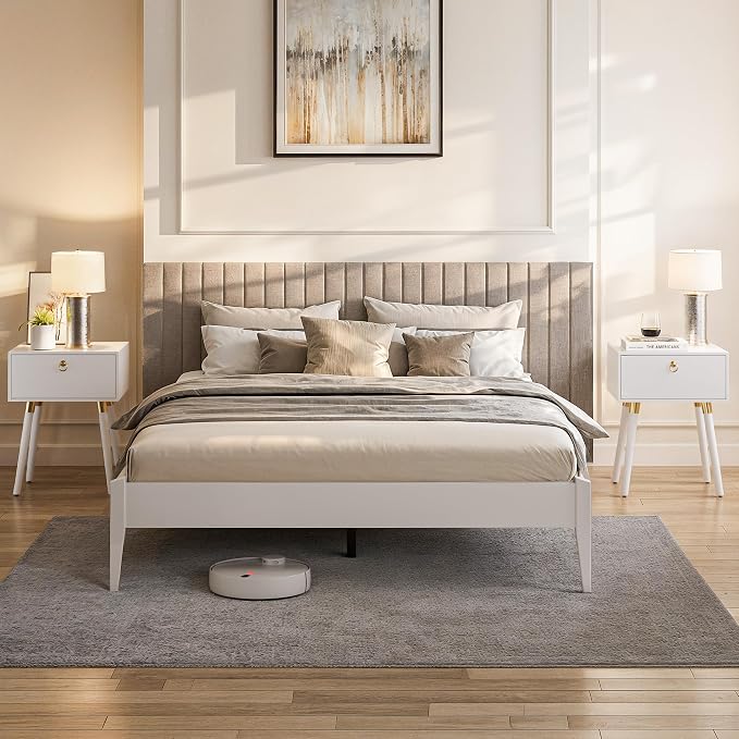 Bme Dinkee Signature Ivory White King Bed Frame Without Headboard - Modern & Minimalist Style with Acacia Wood - 12 Strong Wood Slat Support - Easy Assembly - No Box Spring Needed