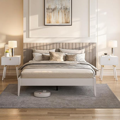 Bme Dinkee Signature Ivory White King Bed Frame Without Headboard - Modern & Minimalist Style with Acacia Wood - 12 Strong Wood Slat Support - Easy Assembly - No Box Spring Needed
