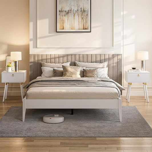 Bme Dinkee Signature Ivory White King Bed Frame Without Headboard - Modern & Minimalist Style with Acacia Wood - 12 Strong Wood Slat Support - Easy Assembly - No Box Spring Needed