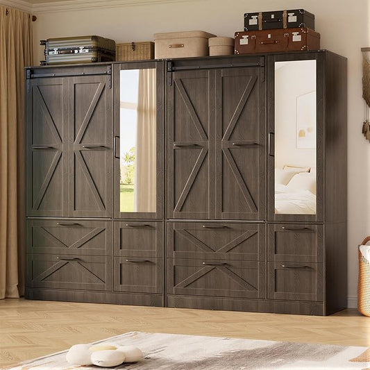 PAKASEPT Armoire Wardrobe Closet with w/Folding Sliding Barn Door | Bedroom Armoires with Mirror and LED Lights, Hanging Rod, Wardrobe Closet for Bedroom (6 Doors)