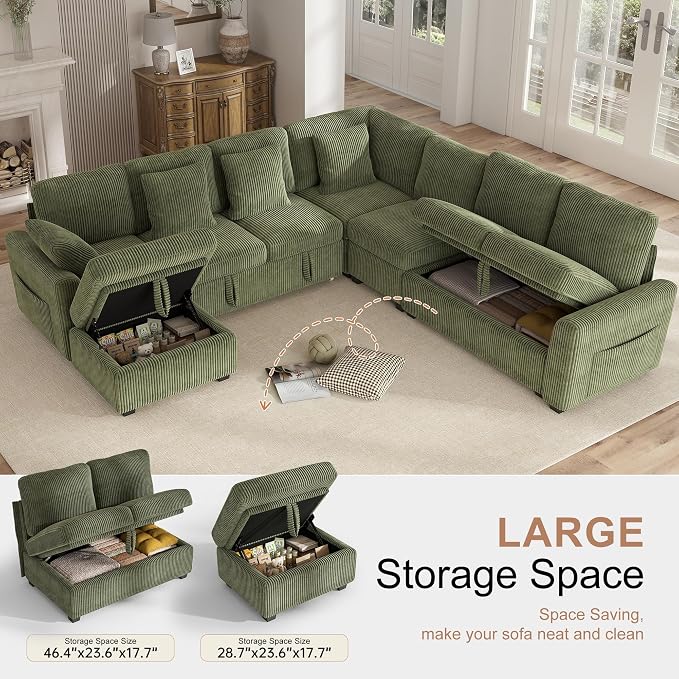 Hanherry 106" Sectional Sofa with Pull Out Couch Bed,7 Seat Corduroy Sleeper Sofa with 2 Seat Storage & USB Charging,Storage Ottoman,Comfy Modular Couches for Living Room,Apartment