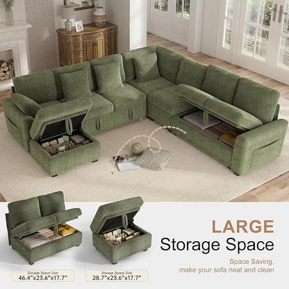 Hanherry 106" Sectional Sofa with Pull Out Couch Bed,7 Seat Corduroy Sleeper Sofa with 2 Seat Storage & USB Charging,Storage Ottoman,Comfy Modular Couches for Living Room,Apartment