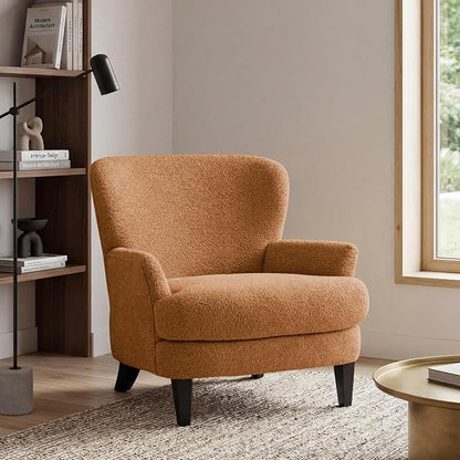 Christopher Knight Home Colby Boucle Upholstered Club Chair, Living Room Accent Chair, Wooden Frame, Flared Armrest, Plush Thick Cushion, Reading Lounge Chair, Space-Saving Furniture, Black+Caramel