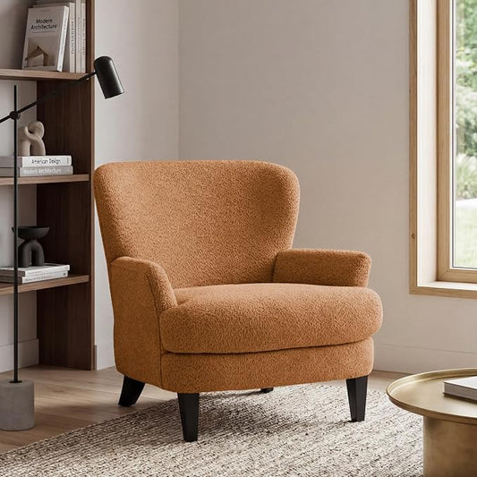 Christopher Knight Home Colby Boucle Upholstered Club Chair, Living Room Accent Chair, Wooden Frame, Flared Armrest, Plush Thick Cushion, Reading Lounge Chair, Space-Saving Furniture, Black+Caramel