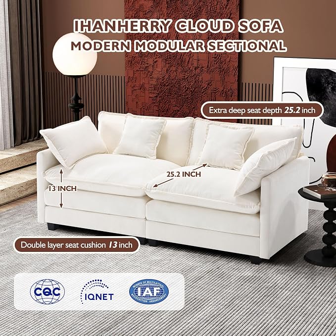 Ihanherry Cloud Sofa 77 Inch Loveseat, Modern Sectional Couch, 2-Seats Sofa for Living Room Bedroom and Apartment, Comfy Double Layer Upholstered Seat Cushion, Breathable Chenille Fabric, Beige