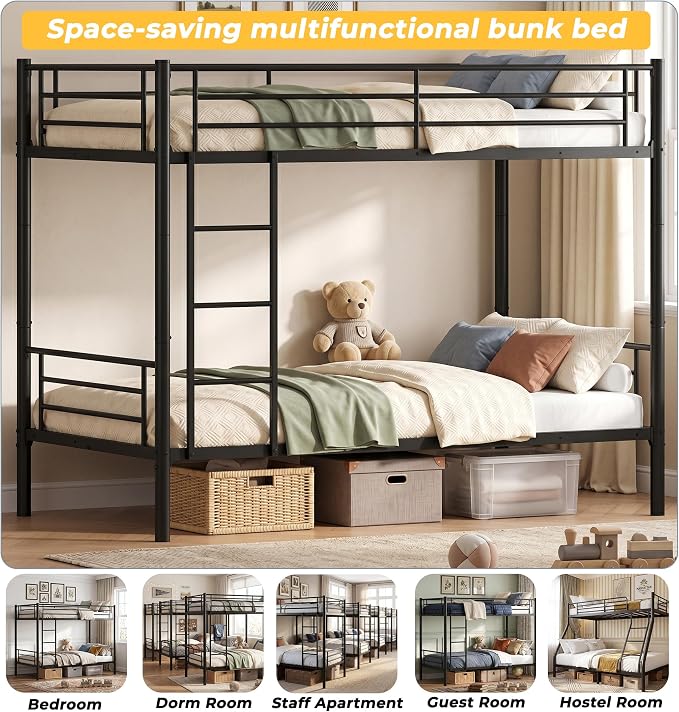 Bunk Bed Twin Over Twin, Metal Bunk Bed with Front Ladder and Safety Guardrail, Space-Saving Twin Bunk Beds for Kids, Teens & Adults, No Box Spring (Front Laddder, Black)