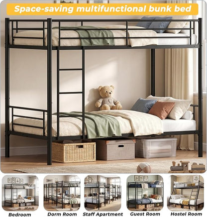 Bunk Bed Twin Over Twin, Metal Bunk Bed with Front Ladder and Safety Guardrail, Space-Saving Twin Bunk Beds for Kids, Teens & Adults, No Box Spring (Front Laddder, Black)