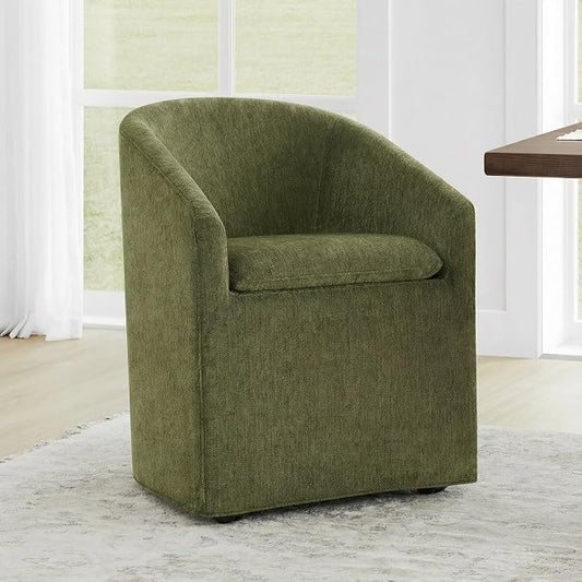 KISLOT Upholstered Dining Chairs Set of 1 with Casters, Modern Side Barrel Armchair with Washable Slipcover & Sturdy Metal Frame for Diningroom Bedroom Livingroom Reading Room, Green Fabric