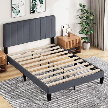 Queen Size Bed Frame with Headboard, Platform Bed with Soft Linen Upholstered Headboard | Wooden Slats Support | Adjustable Height | No Box Spring Needed, Queen Bed Frame Grey