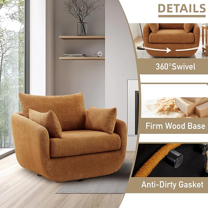 360° Swivel Accent Armchair Set of 2, 39.3" Oversized, Sherpa Boucle Fabric Sofa Chair with Removable Back & Arm Pillows, Swivel Chairs with Cozy Soft Padded, Curry