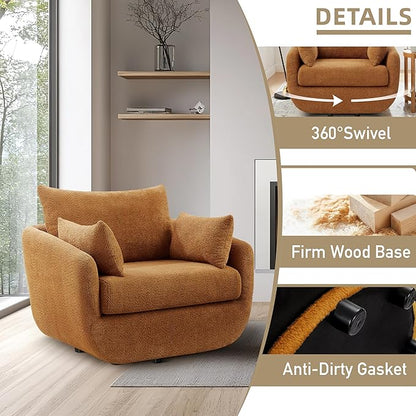 360° Swivel Accent Armchair, 39.3" Oversized, Sherpa Boucle Fabric Sofa Chair with Removable Back & Arm Pillows, Swivel Chair with Cozy Soft Padded (1, Curry)