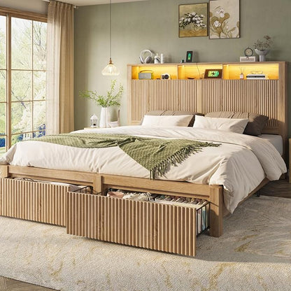 CypBed King Size Bed Frame with 2 Storage Drawers, Charging Port & LED Light, Wood King Bed Frame and 2-Tier Headboard,Farmhouse Wavy Design, Metal Platform, Noise-Free, No Box Spring Needed, Wood