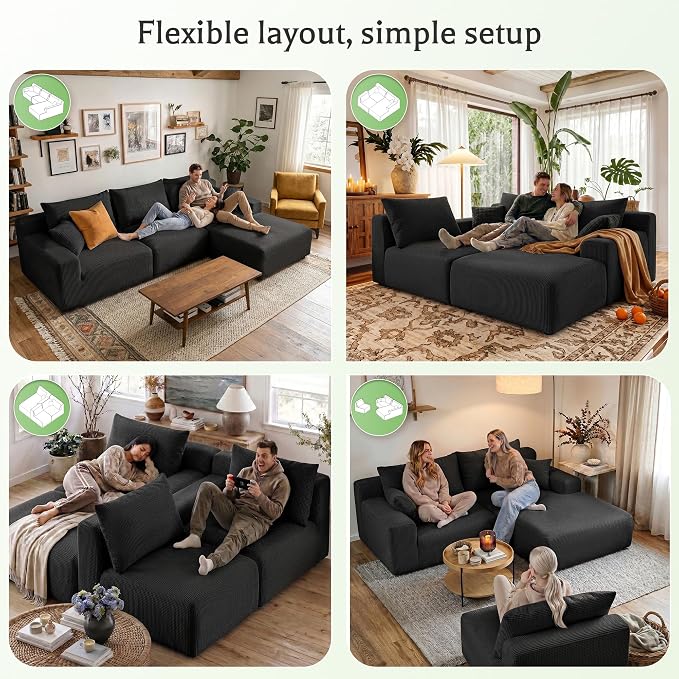 Homkdom 98" Boneless Modular Sectional Sofa, Cloud Couch with 27" Deep Seat & Oversized Chaise, L-Shaped High-Density Foam Sofa for Living Room, No Assembly Required (Black-Check, Right Facing)