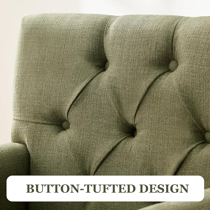 HUIMO Accent Chair for Living Room, Tufted Upholstered Club Chair with Lumbar Pillow, Vintage Reading Armchair with Solid Wood Legs for Bedroom Apartment, Olive Green