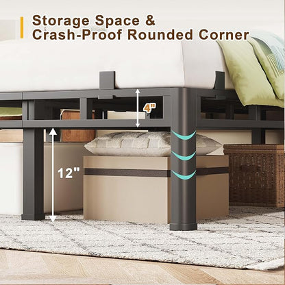 ROIL 16 Inch Queen Bed Frame, Double Layer Metal Bed Frame with Round Corner Legs, 4000LBS Bed Frame & Box Spring 2 in 1 Platform with Headboard Holes Mattress Baffles, Noise-Free Easy Assembly