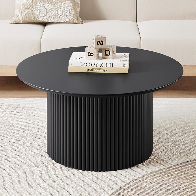 31.5" Round Coffee Table, Modern Fluted Accent Center Table with Metal Frame, Wooden Circle Coffee Tables for Living Room Small Space or Office (Black)