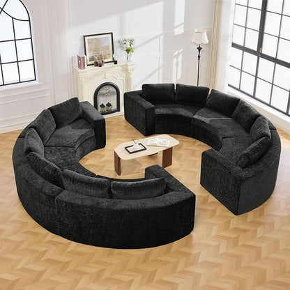 WUTUTUEE 142'' Curved Round Boneless Couch, Oversized Circular Sofa with Deep Seat & Arms, Chenille Modular Sectional Sofa with Pillows, Upholstered Comfy 12 Seat Couch for Living Room, Black