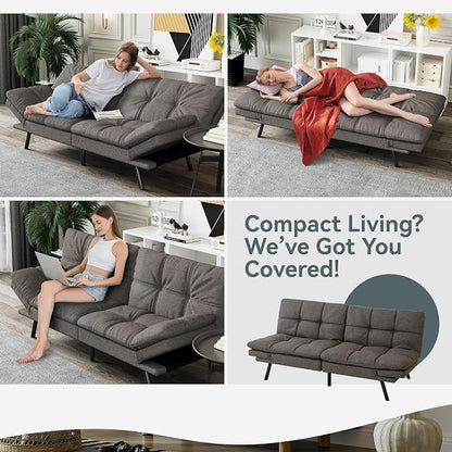Futon Sofa Bed Convertible Couch, Grey Linen Sofa Bed with Memory Foam, Adjustable Backrest & Armrests, Multifunctional Small Loveseat Sleeper Sofa for Living Room, Apartment, Office