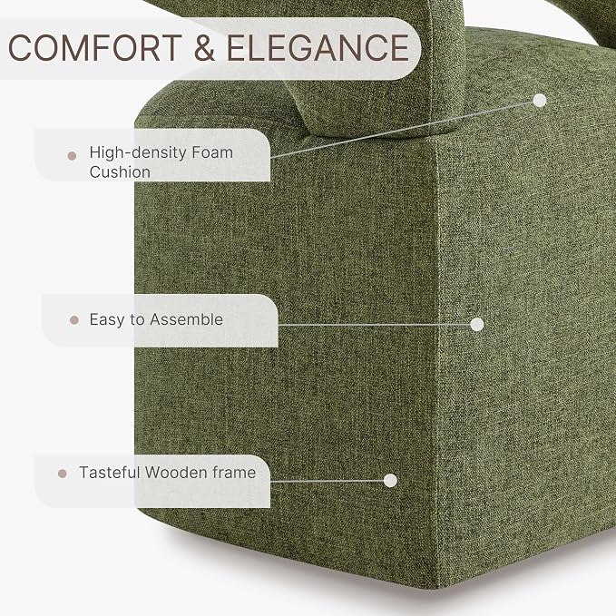 KISLOT Upholstered Dining Chairs Set of 4, Modern Rolling Dining Chairs with Hidden Casters, Arm Kitchen Chairs with Linen Look Fabric, Padded Barrel Chairs for Dining Room, Kitchen, Bedroom, Green