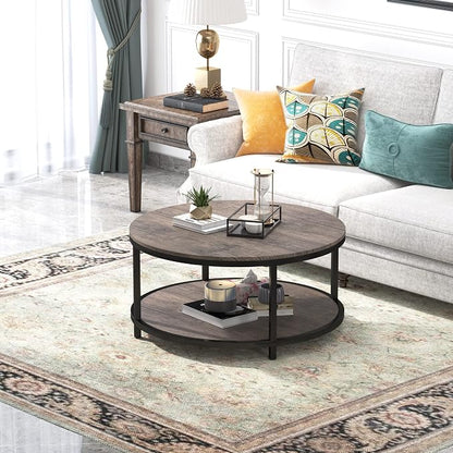WiberWi Round Coffee Table 35.8" Circle Coffee Tables for Living Room Rustic Industrial Cocktail Table with Sturdy Metal Frame and Open Storage Shelf, Easy Assembly, Gray Brown