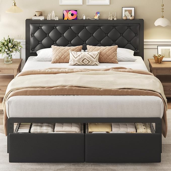 Fluest Queen Bed Frame with 2 Storage Drawers, Upholstered Headboard Button Tufted Bed Frame with Charging Station, No Box Spring Needed, Noise-Free, All Metal Structure, Black