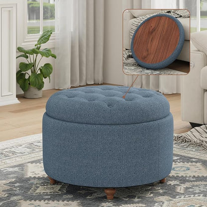 25Inch Round Ottoman with Storage, Tufted Fabric Modern Circle Ottoman with Reversible Tray Lid and Wood Legs, Multi-Functional Small Coffee Table for Living Room, Bedroom, Blue