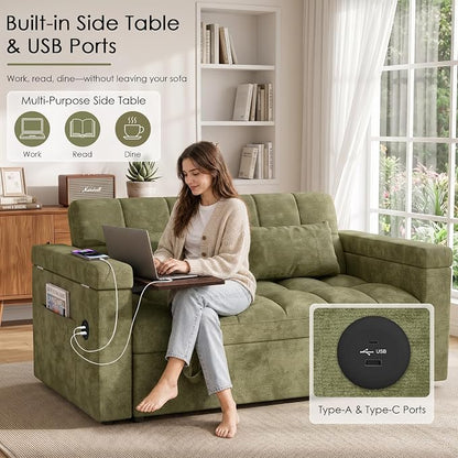 65'' Sleeper Sofa Bed, Pull Out Couch with Side Table | USB Charging Port | Adjustable Backrest | Chenille Fabric, Convertible Loveseat for Living Room, Apartment, Small Spaces (Green)