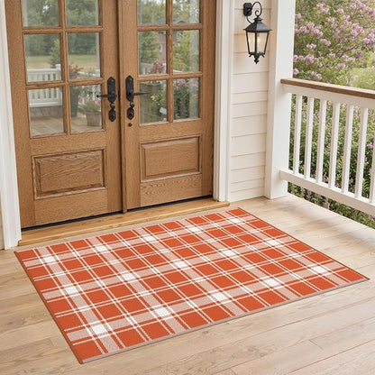 GENIMO Waterproof Outdoor Rug for Patio Clearance, 3'x5' Reversible Plastic Straw Rugs, Lightweight RV Camping Mat for Camper, Balcony, Deck, Backyard, Picnic, Orange White Plaid
