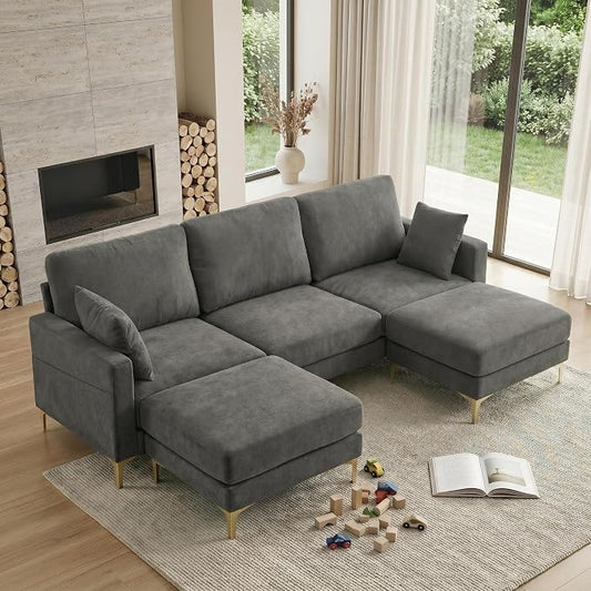 VINGLI 100" W U Shaped Couch with Ottoman, 22" Deep Seat Comfortable Sectional Couches for Living Room, 3 Seater Chenille Fabric Cloud Sofa for Apartment, Small Spaces, Bedroom, Grey