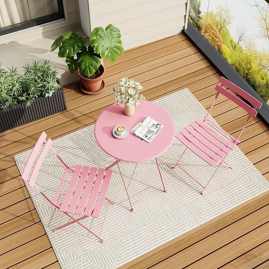 Bistro Table and Chairs Set of 2, 3 Piece Outdoor/Indoor Folding Patio Bistro Sets, 2 Chair Patio Furniture Set with Table, Premium Frame Foldable Coffee Tables for Balcony, Yard, Garden, Pink