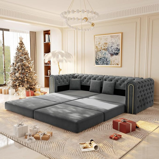 90.6'' Velvet Folding Floor Sofa Bed - 3-in-1 Convertible Sleeper Couch with Ottoman, Button Tufted Chesterfield Sofa, Pull-Out King Size Couch Bed for Apartments, Living Room, Dark Grey | 3-in-1 Convertible