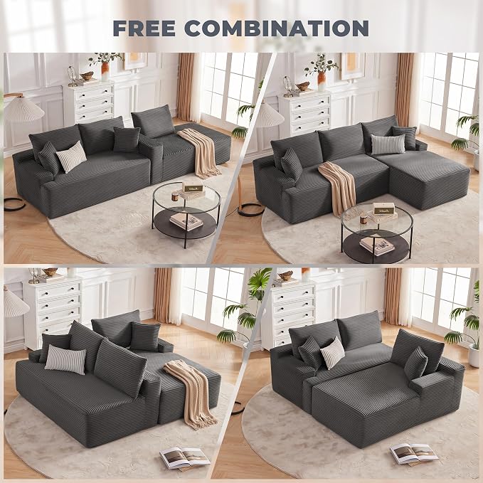 Mangodan Cloud Sectional Sofa, Boneless Couch for Living Room, Modular Sectional Sofa with Deep Seat, Fluffy L-Shaped Comfy Couch with Right-Facing Chaise, No Assembly Required, Grey