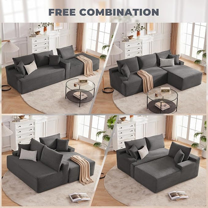 Mangodan Cloud Sectional Sofa, Boneless Couch for Living Room, Modular Sectional Sofa with Deep Seat, Fluffy L-Shaped Comfy Couch with Right-Facing Chaise, No Assembly Required, Grey