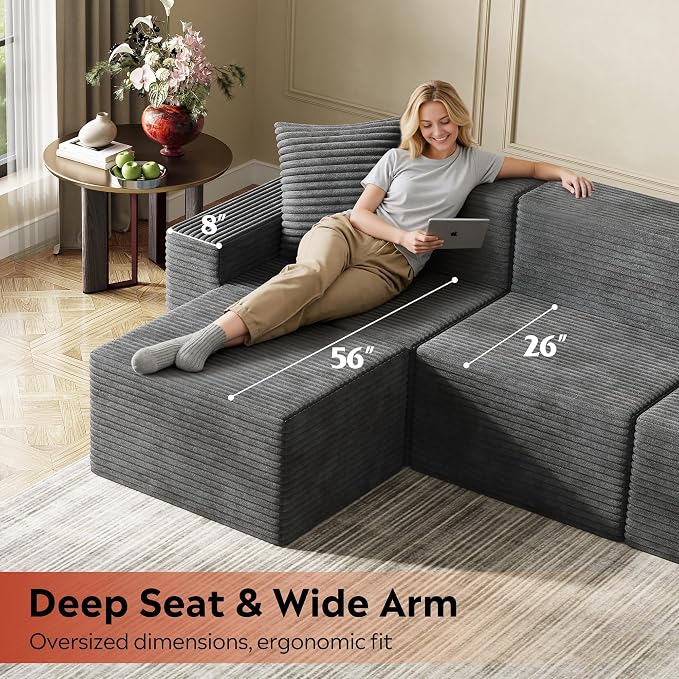 WLIVE 110'' Cloud Sectional Couches for Living Room, Modular Boneless Couch with Facing Chaise, L Shape Memory Foam Corduroy, with Ottoman, Grey
